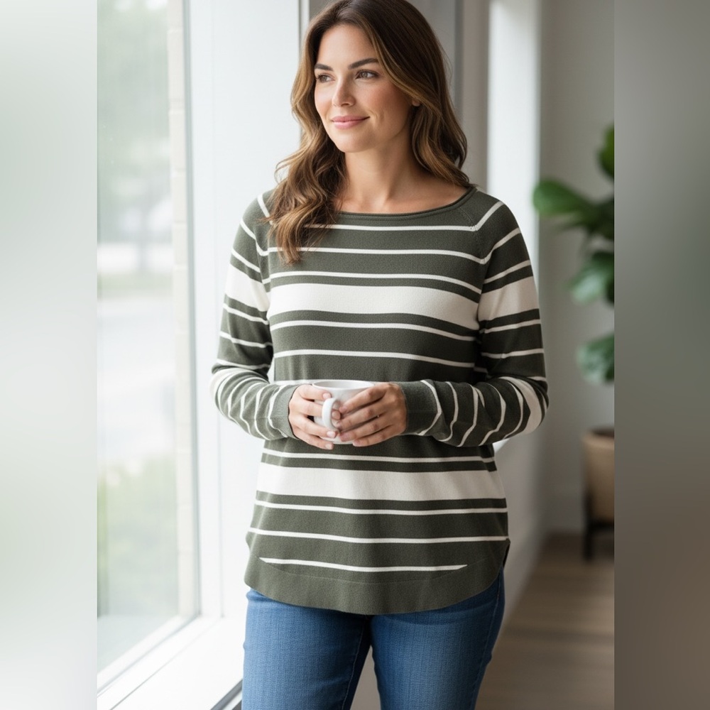 Pink Clover Stitch Fix Valencia Curved‎ Hem Sweater Olive Green Stripe X-Large